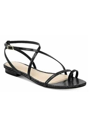 Via Spiga Flat Leather Sandals Women's Size 9M Black Embossed Strappy Ankle